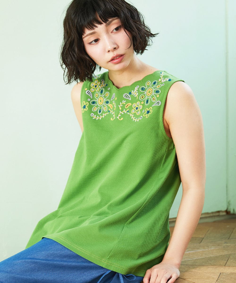 GJKGE40130 Jocomomola Jardin テレコフラワー刺繍ノースリーブカットソー