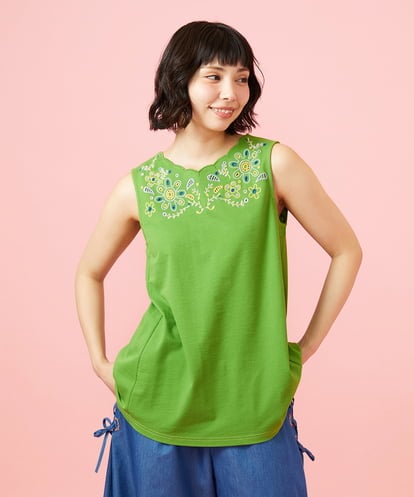 GJKGE40130 Jocomomola Jardin テレコフラワー刺繍ノースリーブカットソー