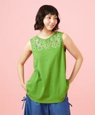 GJKGE40130 Jocomomola(ホコモモラ) Jardin テレコフラワー刺繍ノースリーブカットソー グリーン