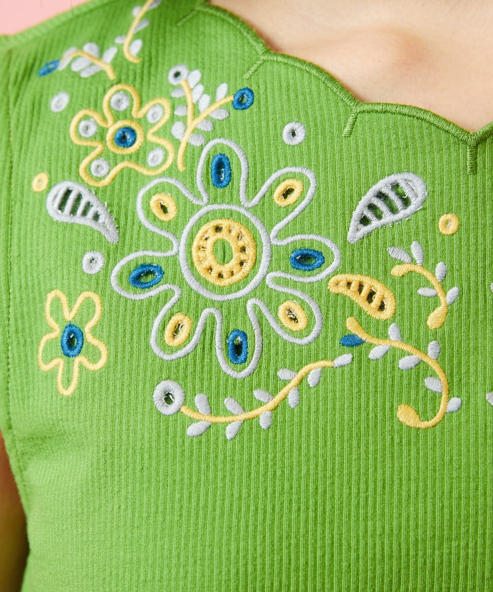 GJKGE40130 Jocomomola(ホコモモラ) Jardin テレコフラワー刺繍ノースリーブカットソー グリーン