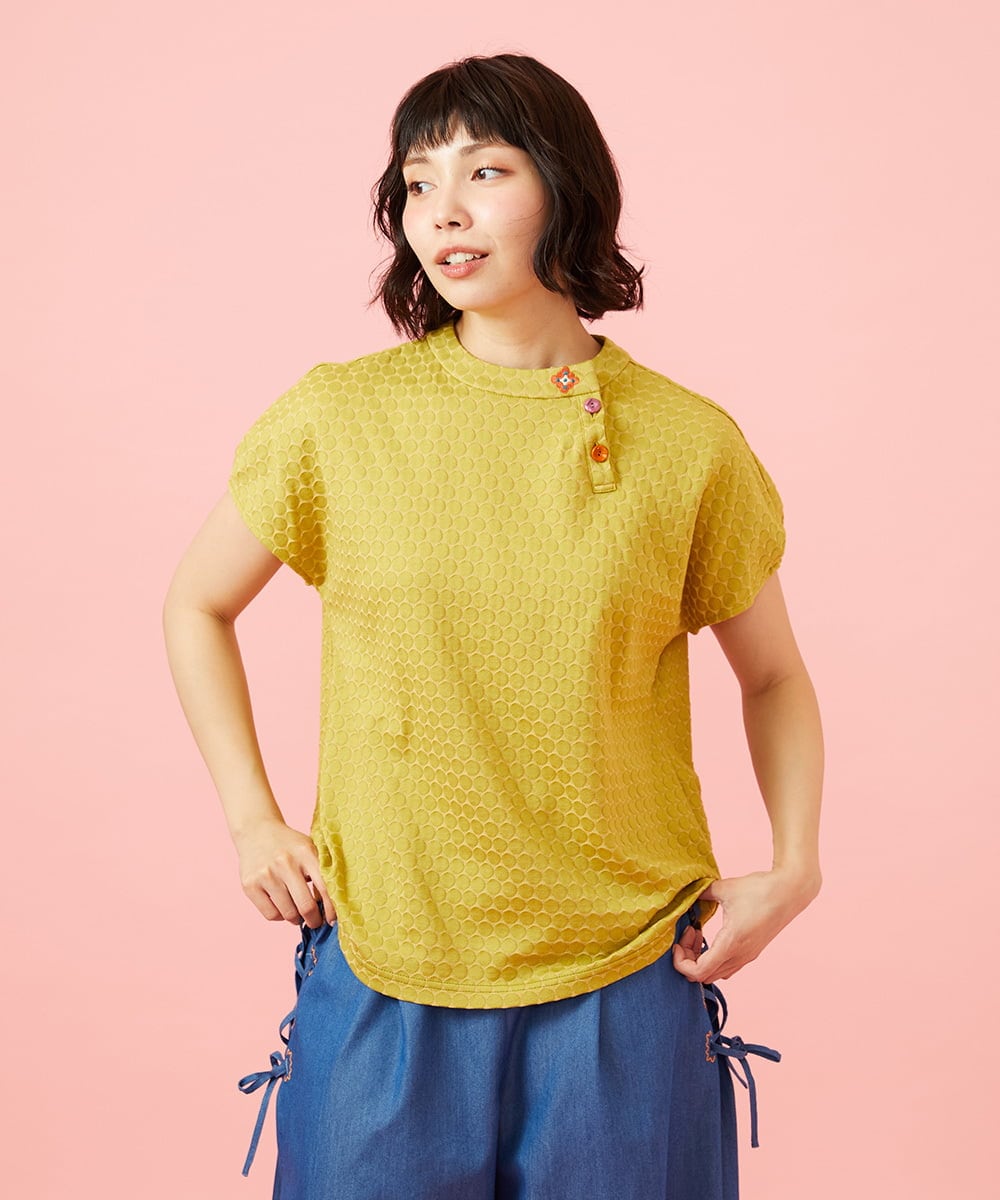 GJKGE44150 Jocomomola(ホコモモラ) Frijol ドットジャカードワンポイント刺繍カットソー イエロー