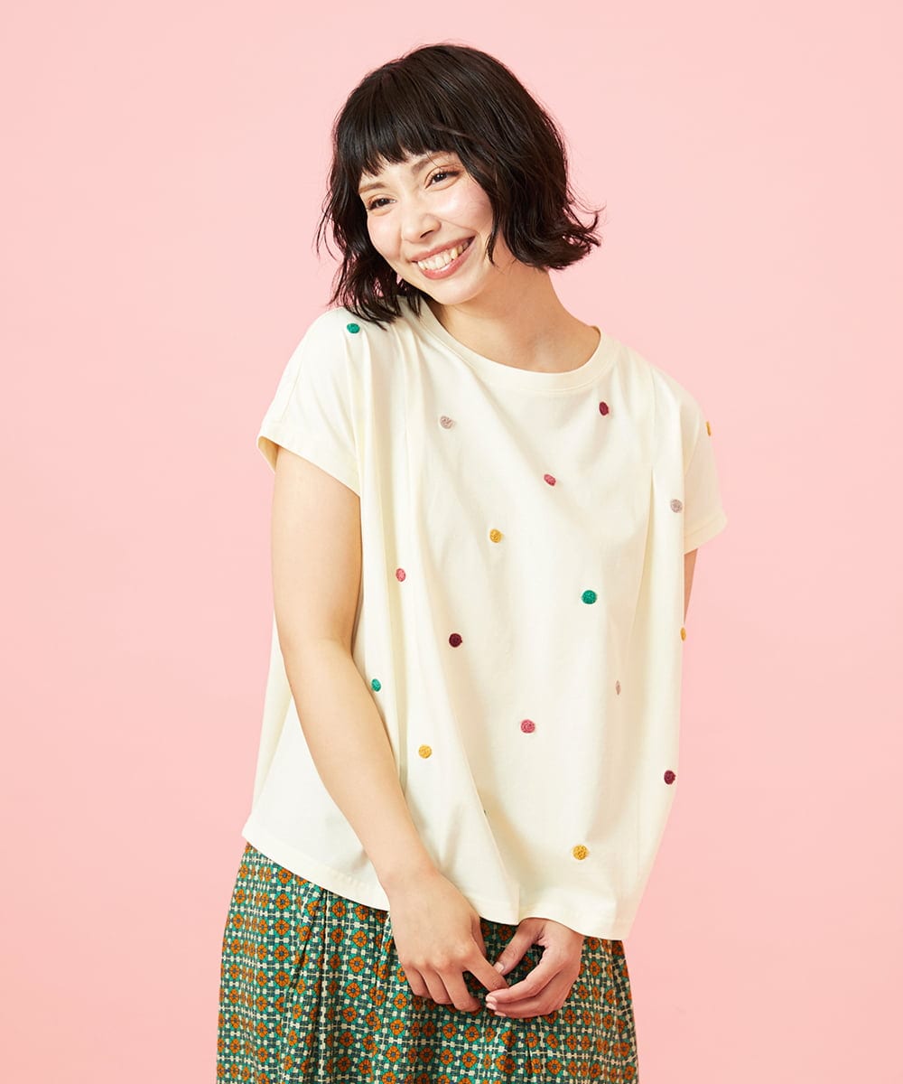 GJKGE46160 Jocomomola(ホコモモラ) 【接触冷感】Fresco 天竺ドットTシャツ アイボリー