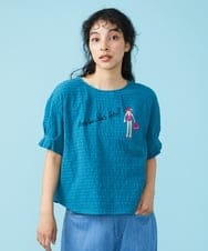 GJKGT46150 Jocomomola(ホコモモラ) Lugarrocoso ジャカードホコガール刺繍カットソー ブルー