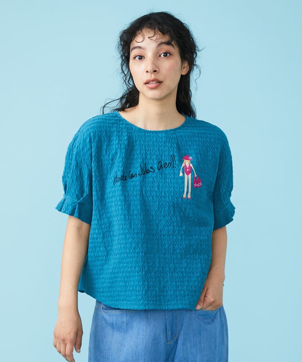 GJKGT46150 Jocomomola(ホコモモラ) Lugarrocoso ジャカードホコガール刺繍カットソー ブルー