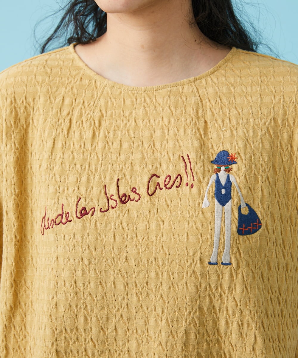 GJKGT46150 Jocomomola(ホコモモラ) Lugarrocoso ジャカードホコガール刺繍カットソー ブルー