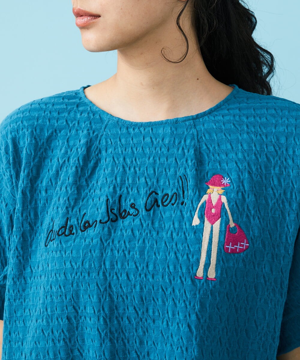 GJKGT46150 Jocomomola(ホコモモラ) Lugarrocoso ジャカードホコガール刺繍カットソー ブルー