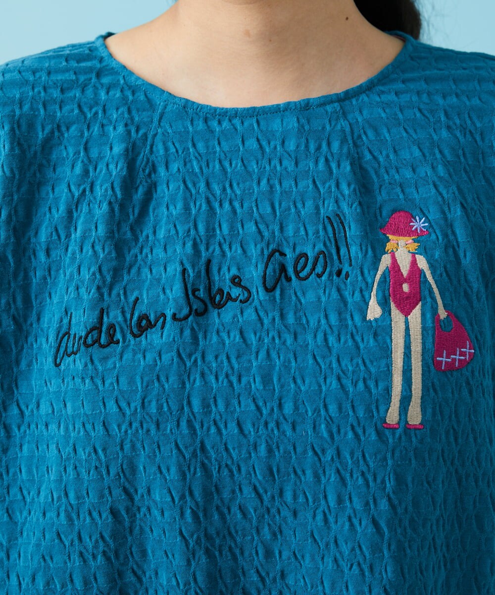 GJKGT46150 Jocomomola(ホコモモラ) Lugarrocoso ジャカードホコガール刺繍カットソー ブルー