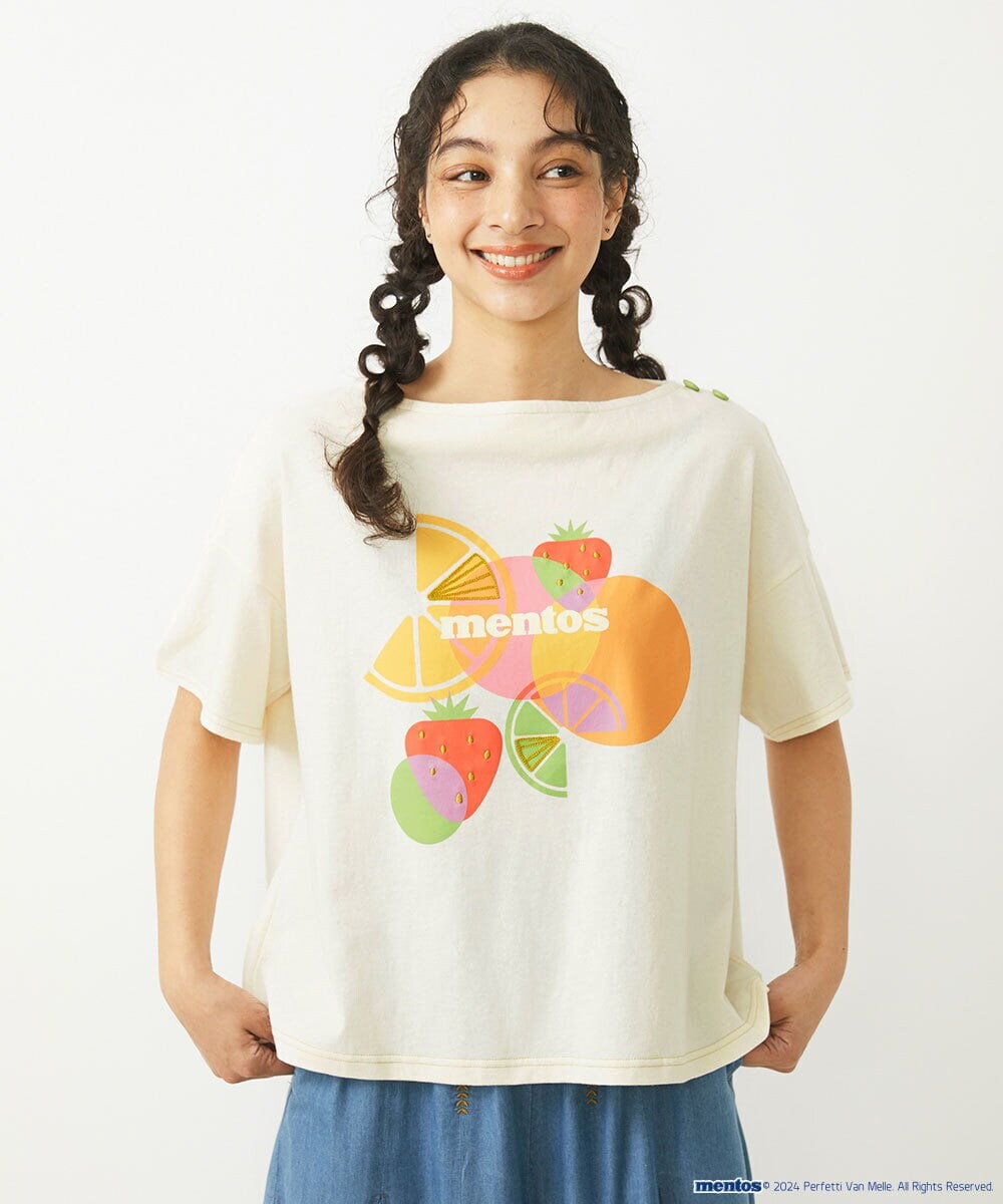 GJKGV71140 Jocomomola(ホコモモラ) mentos × Jocomomola コラボフルーツプリントTシャツ アイボリー