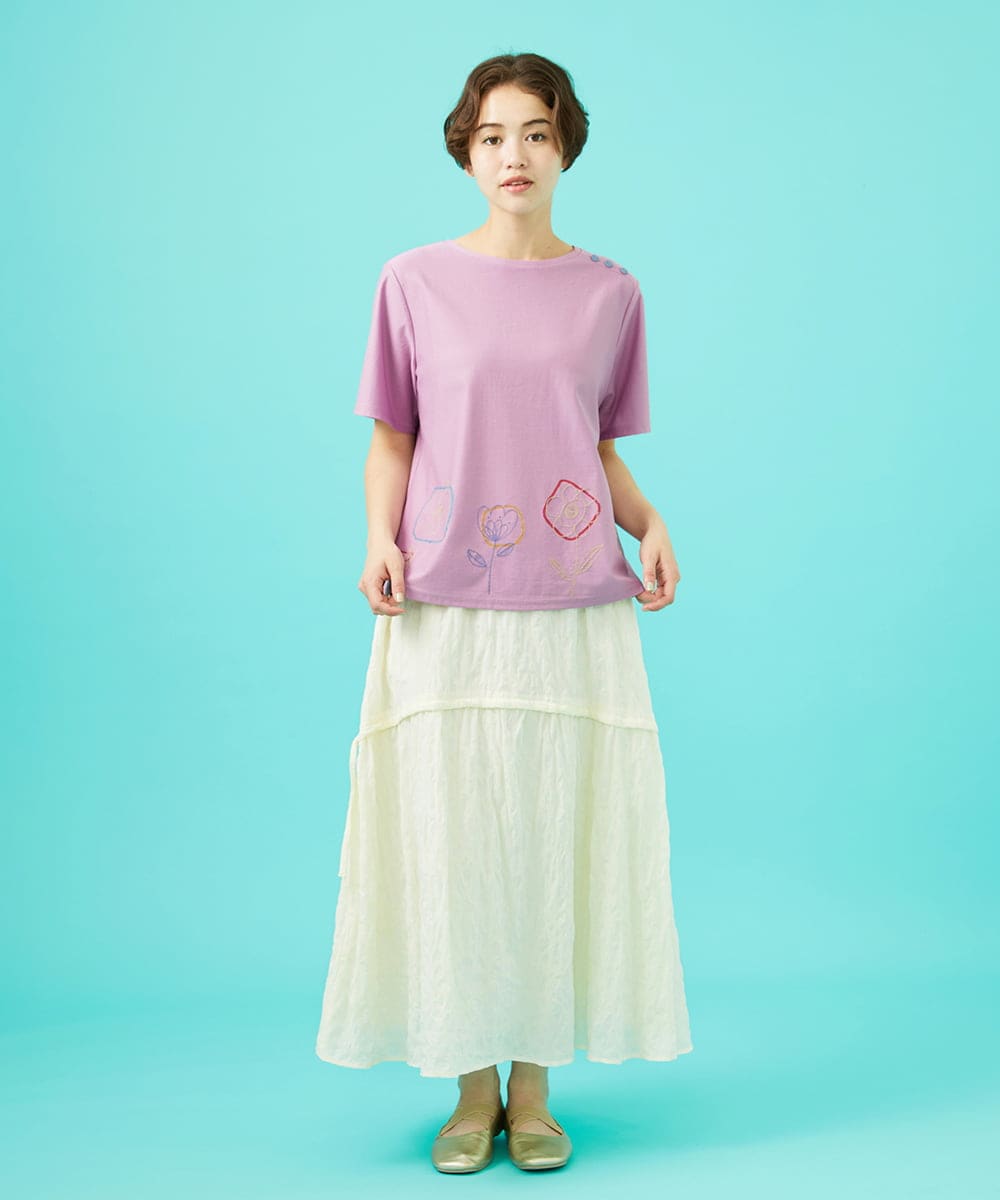 GJKHA30150 Jocomomola(ホコモモラ) 【早割10％OFF】フラワー刺繍クラフトTシャツ ラベンダー