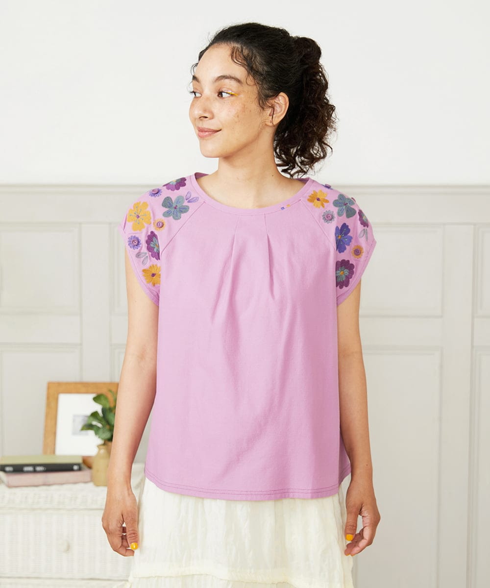 GJKHA31180 Jocomomola Escala floral フラワー刺繍パフスリーブTシャツ
