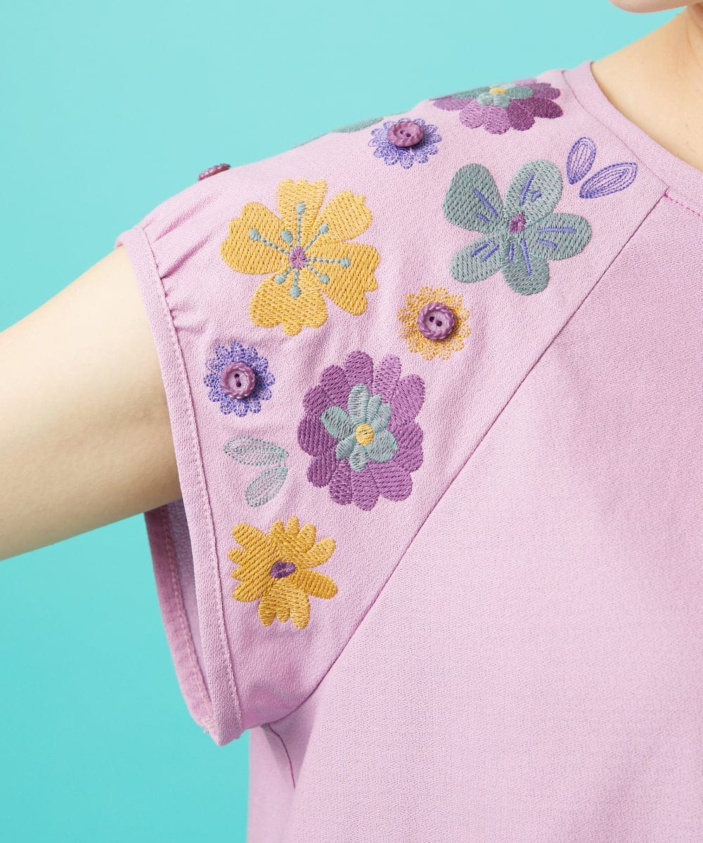 GJKHA31180 Jocomomola(ホコモモラ) 【早割10％OFF】フラワー刺繍パフスリーブTシャツ ラベンダー