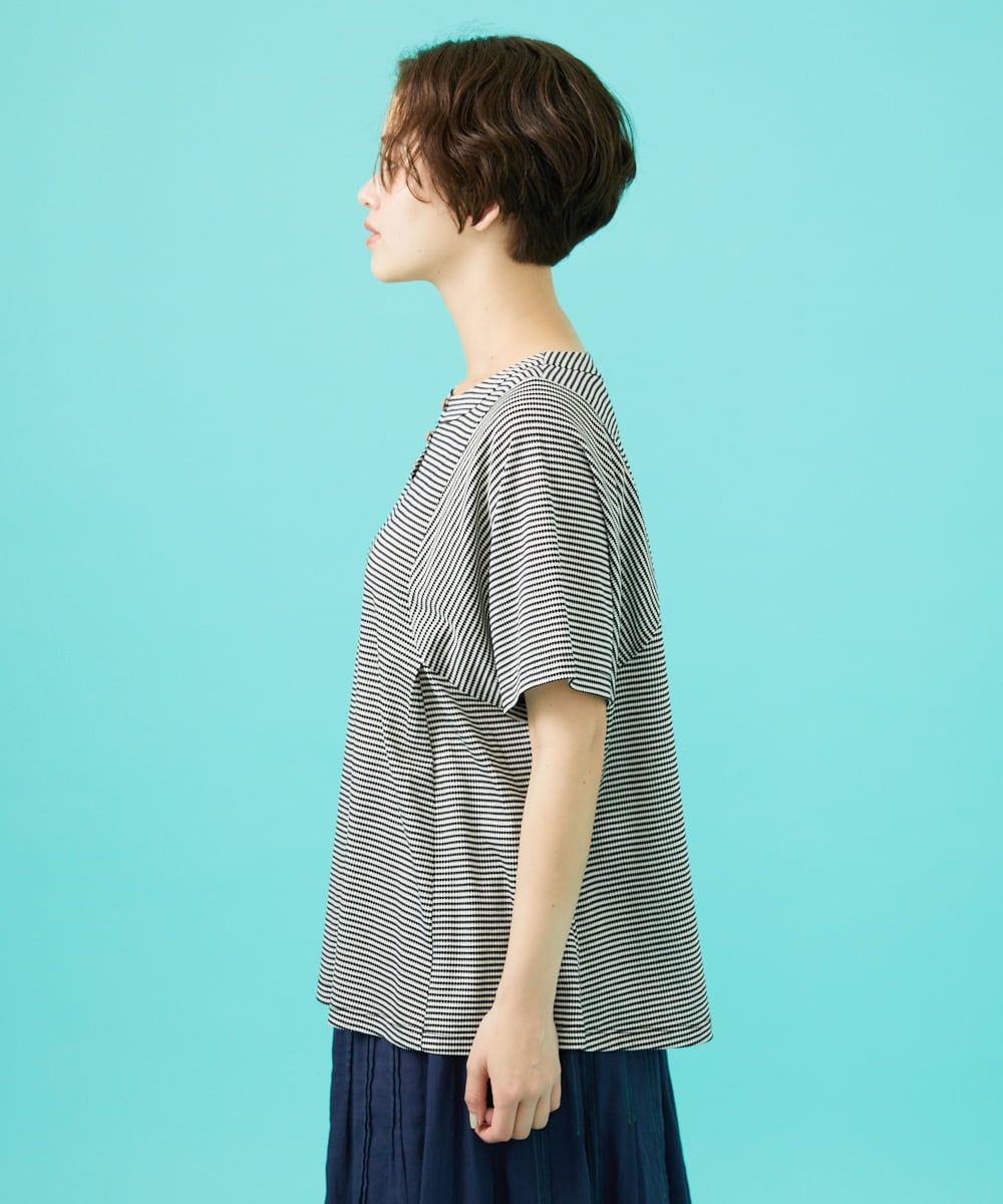 GJKHA34140 Jocomomola(ホコモモラ) 【早割10％OFF】Una ola ボーダージャカードカットソー ブラック×アイボリー