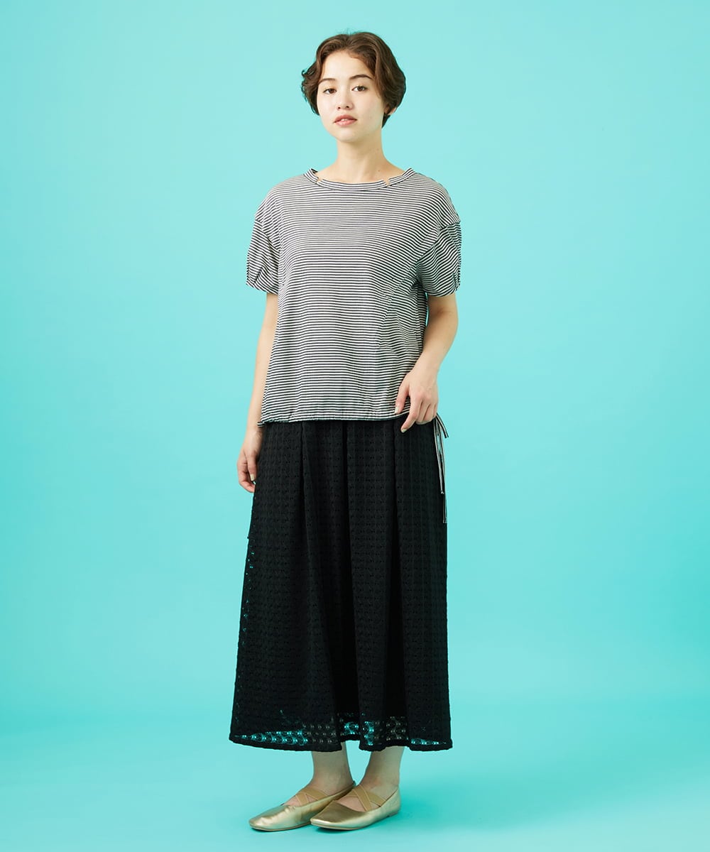 GJKHA35150 Jocomomola(ホコモモラ) 【早割10％OFF】Una ola ボーダージャカードドロストカットソー ブラック×アイボリー