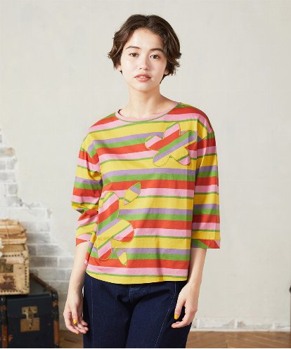 GJKHA38150 Jocomomola シルケット天竺フラワーボーダーアップリケTシャツ