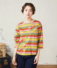 GJKHA38150 Jocomomola(ホコモモラ) シルケット天竺フラワーボーダーアップリケTシャツ マルチボーダー