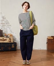 GJKHA38150 Jocomomola(ホコモモラ) シルケット天竺フラワーボーダーアップリケTシャツ ブラック×アイボリー