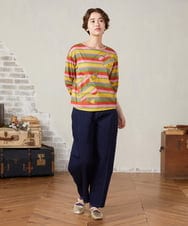 GJKHA38150 Jocomomola(ホコモモラ) シルケット天竺フラワーボーダーアップリケTシャツ ブラック×アイボリー
