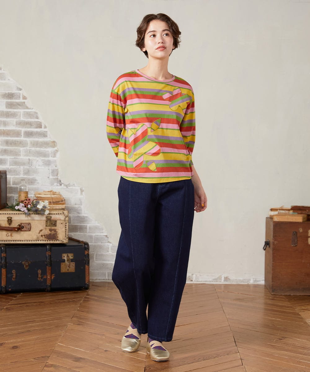 GJKHA38150 Jocomomola(ホコモモラ) シルケット天竺フラワーボーダーアップリケTシャツ ブラック×アイボリー