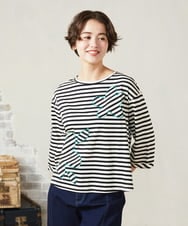 GJKHA38150 Jocomomola(ホコモモラ) シルケット天竺フラワーボーダーアップリケTシャツ ブラック×アイボリー