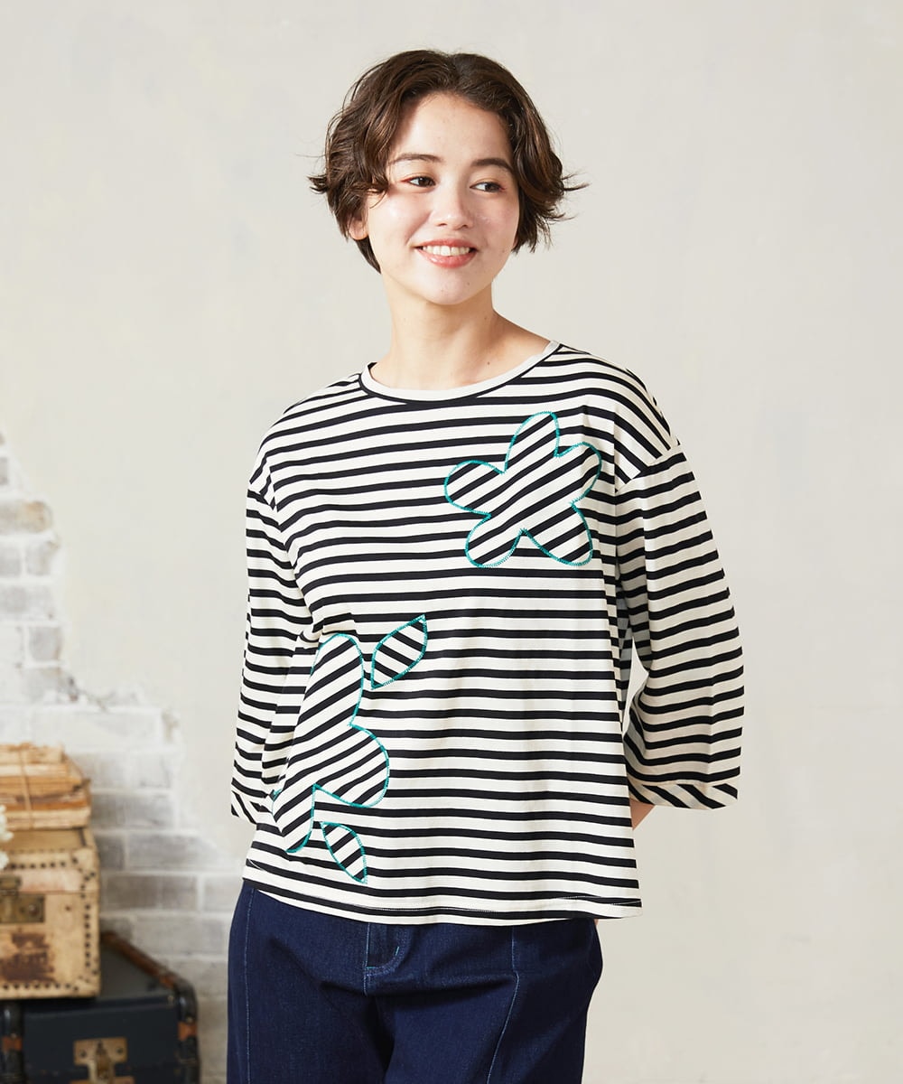 GJKHA38150 Jocomomola シルケット天竺フラワーボーダーアップリケTシャツ