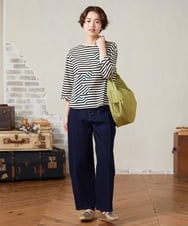 GJKHA38150 Jocomomola(ホコモモラ) シルケット天竺フラワーボーダーアップリケTシャツ ブラック×アイボリー