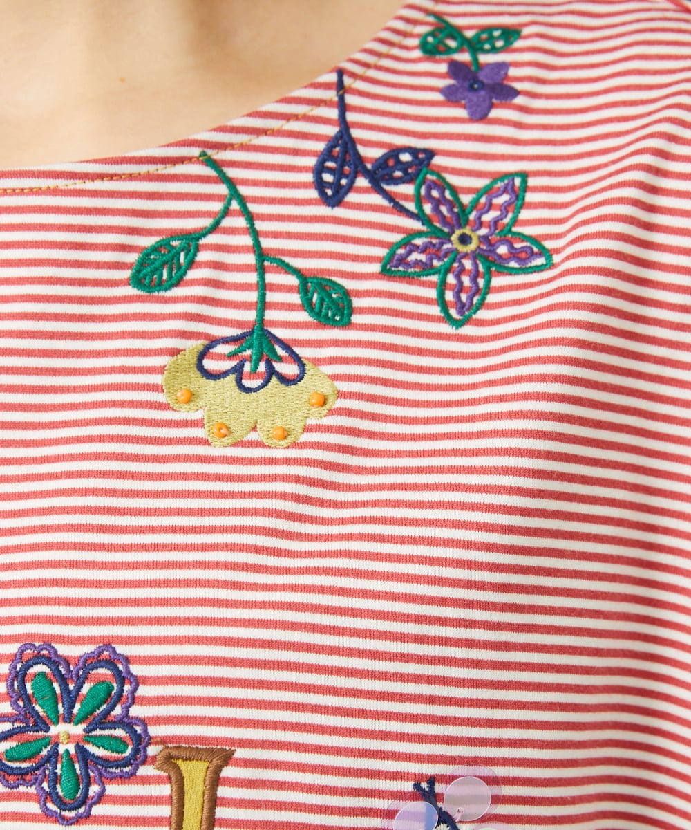 GJKHD01180 Jocomomola(ホコモモラ) 【接触冷感】Verano en La Mancha ロゴ刺繍ボーダーTシャツ レッド×アイボリー