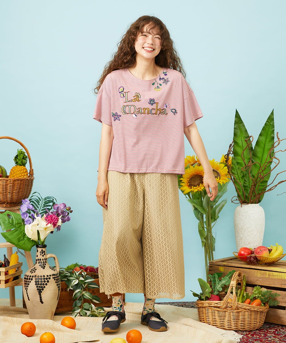 GJKHD01180 Jocomomola(ホコモモラ) 【接触冷感】Verano en La Mancha ロゴ刺繍ボーダーTシャツ レッド×アイボリー