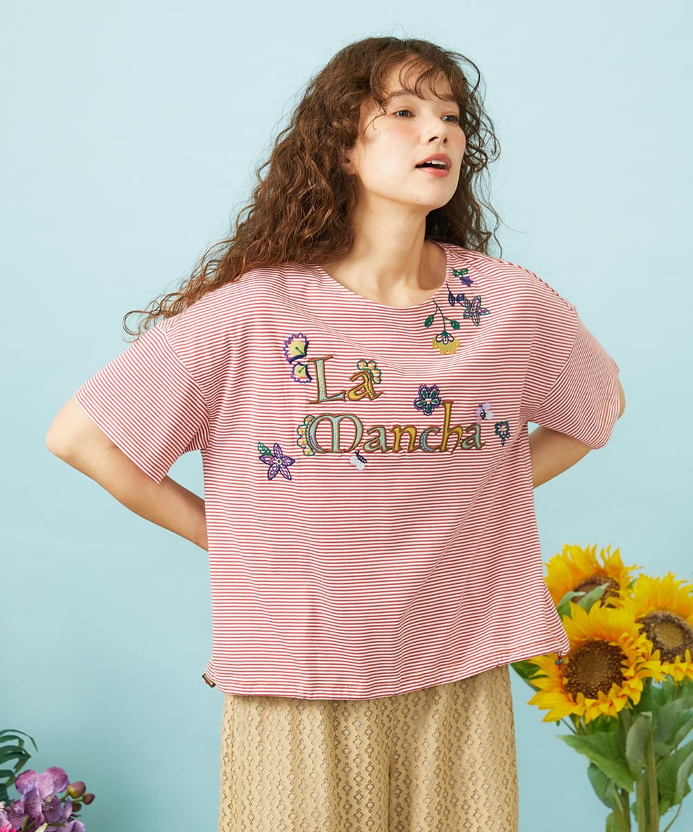 GJKHD01180 Jocomomola(ホコモモラ) 【接触冷感】Verano en La Mancha ロゴ刺繍ボーダーTシャツ レッド×アイボリー