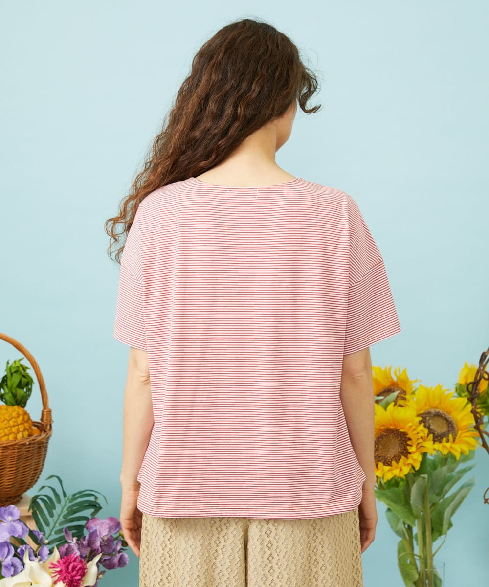 GJKHD01180 Jocomomola(ホコモモラ) 【接触冷感】Verano en La Mancha ロゴ刺繍ボーダーTシャツ レッド×アイボリー