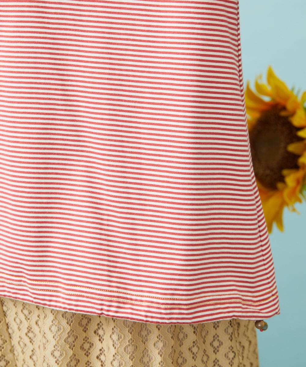 GJKHD01180 Jocomomola(ホコモモラ) 【接触冷感】Verano en La Mancha ロゴ刺繍ボーダーTシャツ レッド×アイボリー