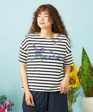 GJKHD01180 Jocomomola(ホコモモラ) 【接触冷感】Verano en La Mancha ロゴ刺繍ボーダーTシャツ ブラック×アイボリー