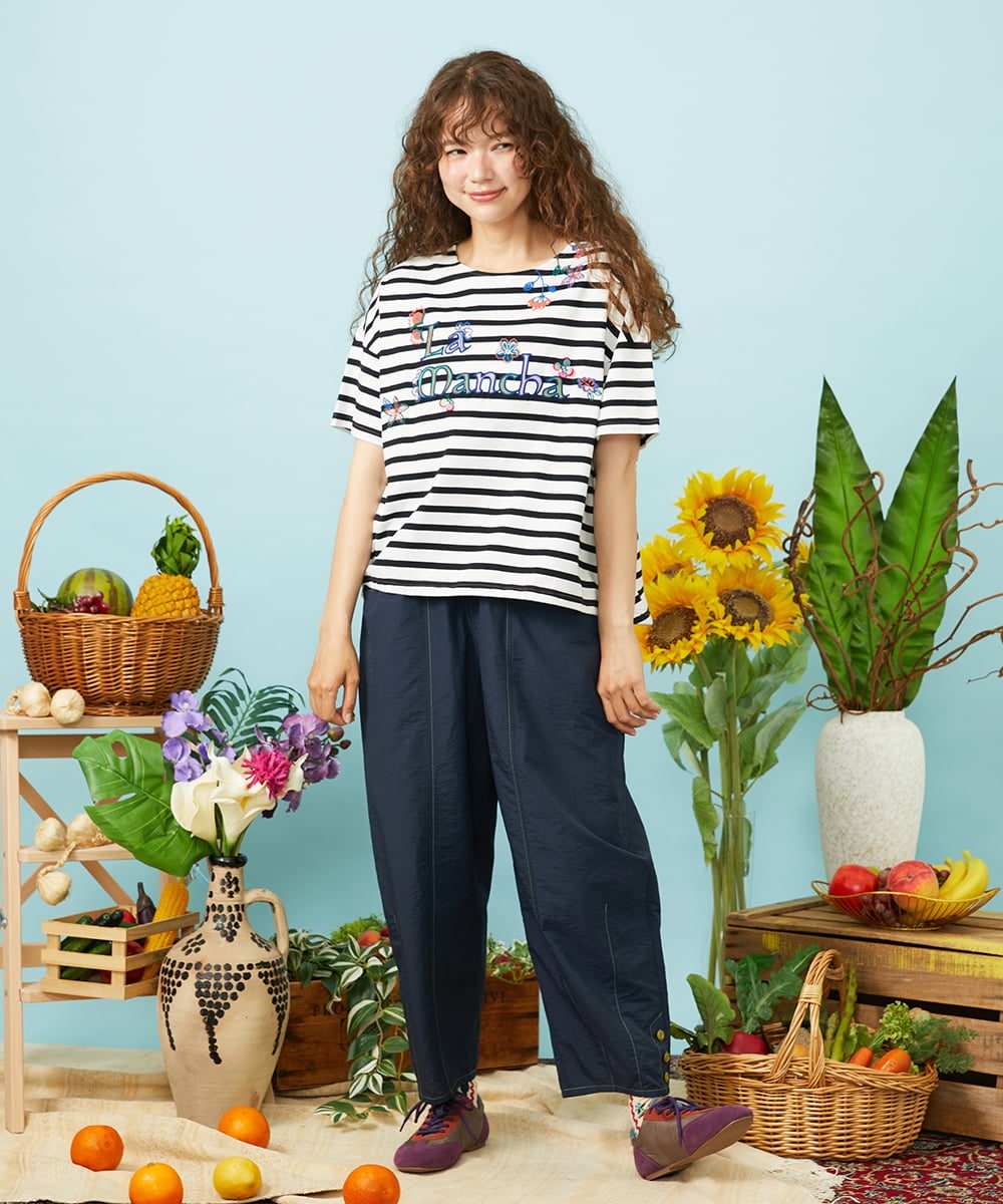GJKHD01180 Jocomomola(ホコモモラ) 【接触冷感】Verano en La Mancha ロゴ刺繍ボーダーTシャツ ブラック×アイボリー