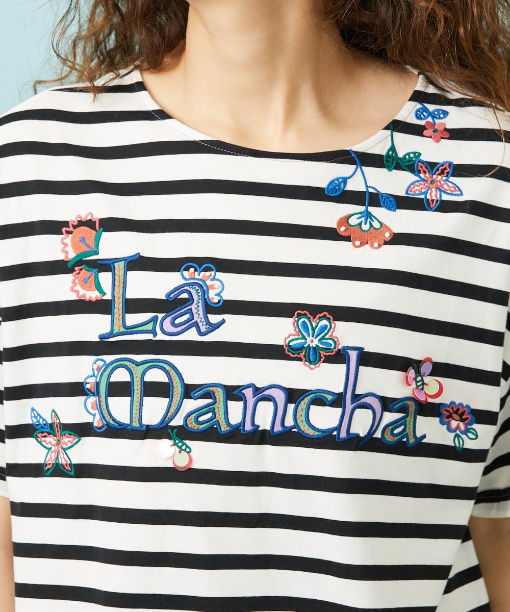 GJKHD01180 Jocomomola(ホコモモラ) 【接触冷感】Verano en La Mancha ロゴ刺繍ボーダーTシャツ ブラック×アイボリー