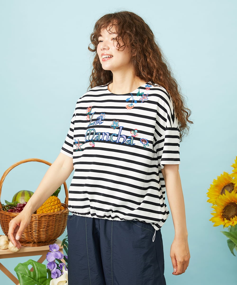 GJKHD01180 Jocomomola(ホコモモラ) 【接触冷感】Verano en La Mancha ロゴ刺繍ボーダーTシャツ ブラック×アイボリー