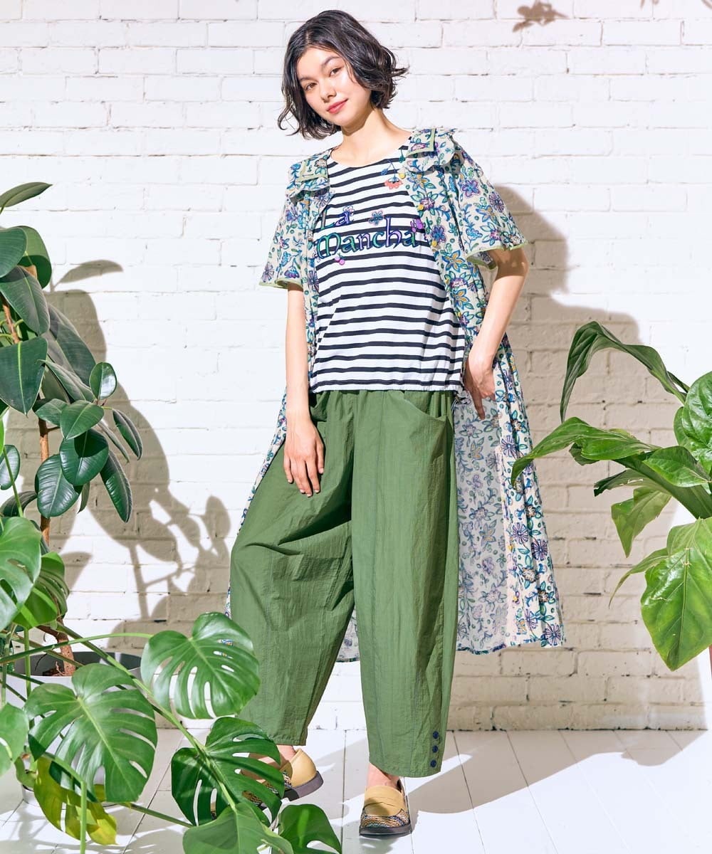 GJKHD01180 Jocomomola(ホコモモラ) 【接触冷感】Verano en La Mancha ロゴ刺繍ボーダーTシャツ ブラック×アイボリー
