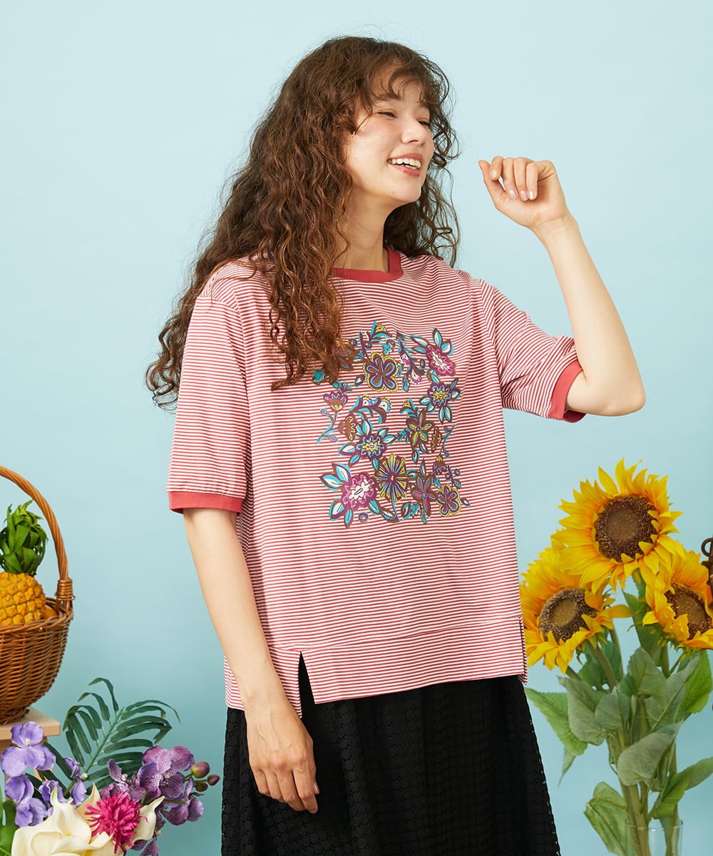 GJKHD02180 Jocomomola(ホコモモラ) 【接触冷感】Verano en La Mancha フラワープリントボーダーTシャツ レッド×アイボリー
