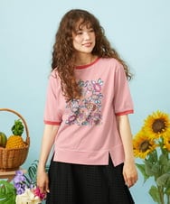 GJKHD02180 Jocomomola(ホコモモラ) 【接触冷感】Verano en La Mancha フラワープリントボーダーTシャツ レッド×アイボリー
