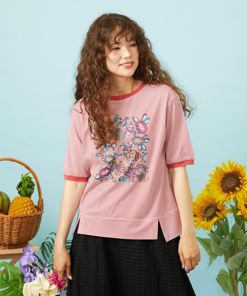 GJKHD02180 Jocomomola(ホコモモラ) 【接触冷感】Verano en La Mancha フラワープリントボーダーTシャツ レッド×アイボリー