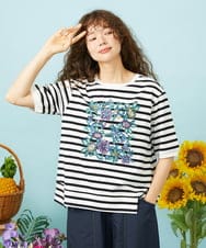 GJKHD02180 Jocomomola(ホコモモラ) 【接触冷感】Verano en La Mancha フラワープリントボーダーTシャツ ブラック×アイボリー