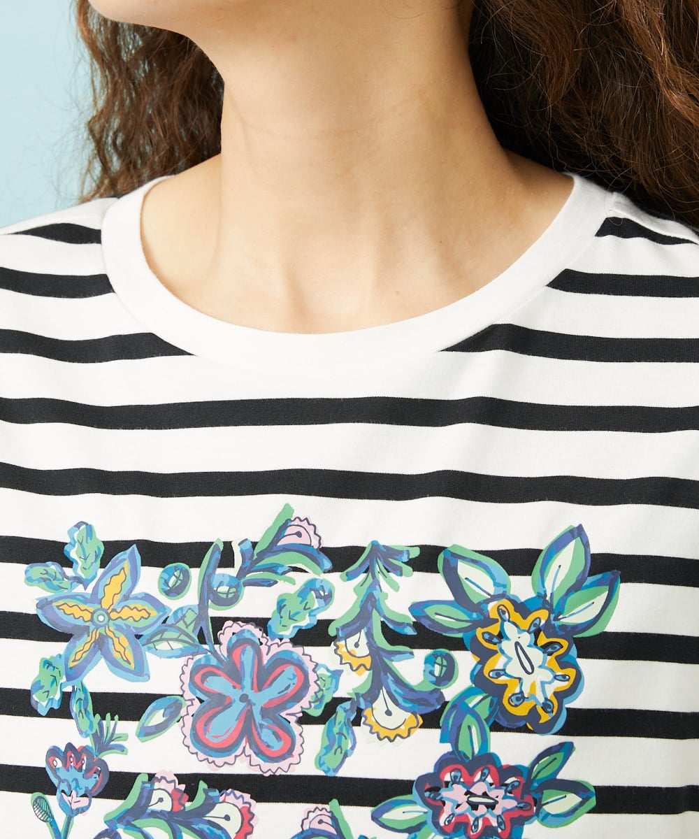 GJKHD02180 Jocomomola(ホコモモラ) 【接触冷感】Verano en La Mancha フラワープリントボーダーTシャツ ブラック×アイボリー