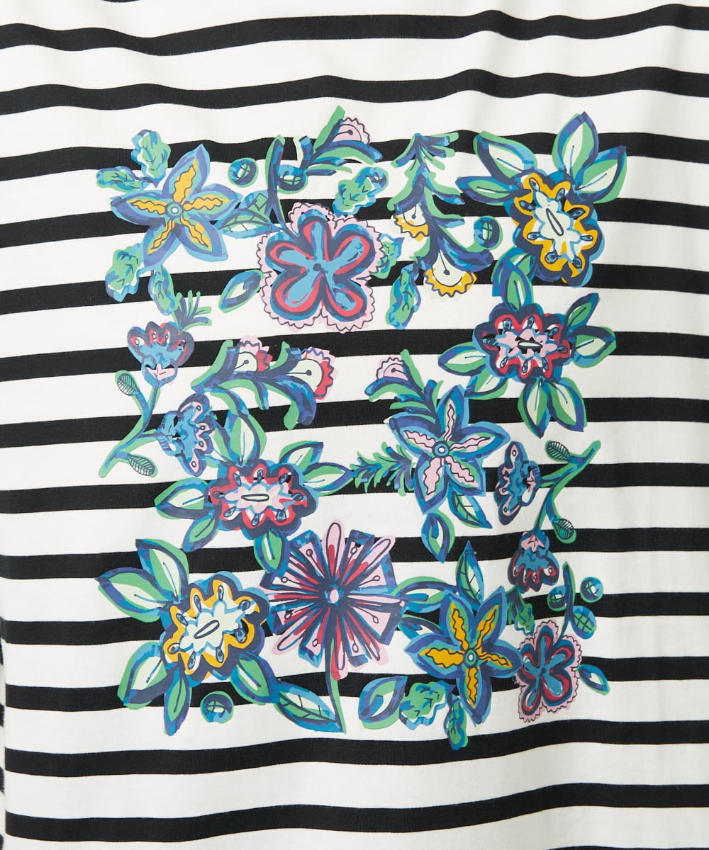 GJKHD02180 Jocomomola(ホコモモラ) 【接触冷感】Verano en La Mancha フラワープリントボーダーTシャツ ブラック×アイボリー