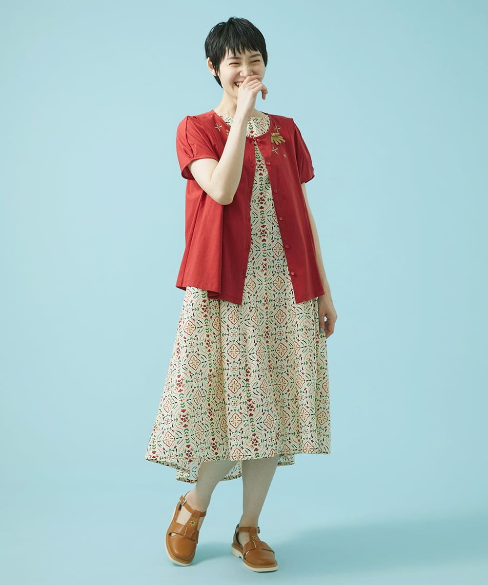 GJKHS36140 Jocomomola(ホコモモラ) Liso フラワー刺繍カットソー レッド