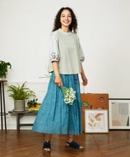 GJKJA33160 Jocomomola(ホコモモラ) フラワー刺繍ドッキングカットソー グリーン