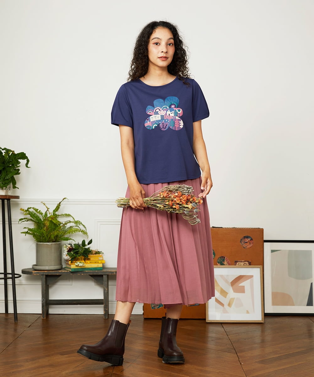 GJKJA34140 Jocomomola(ホコモモラ) 【接触冷感】フラワー発泡プリントTシャツ ネイビー