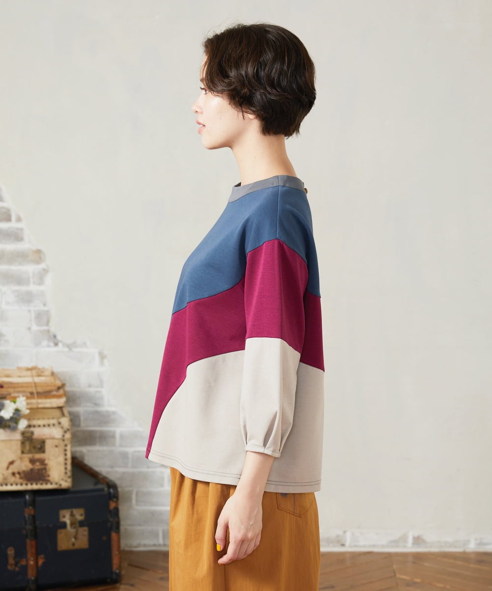 GJKJB36190 Jocomomola(ホコモモラ) 【早割10%OFF】パッチワーク切り替えカットソー ブルー