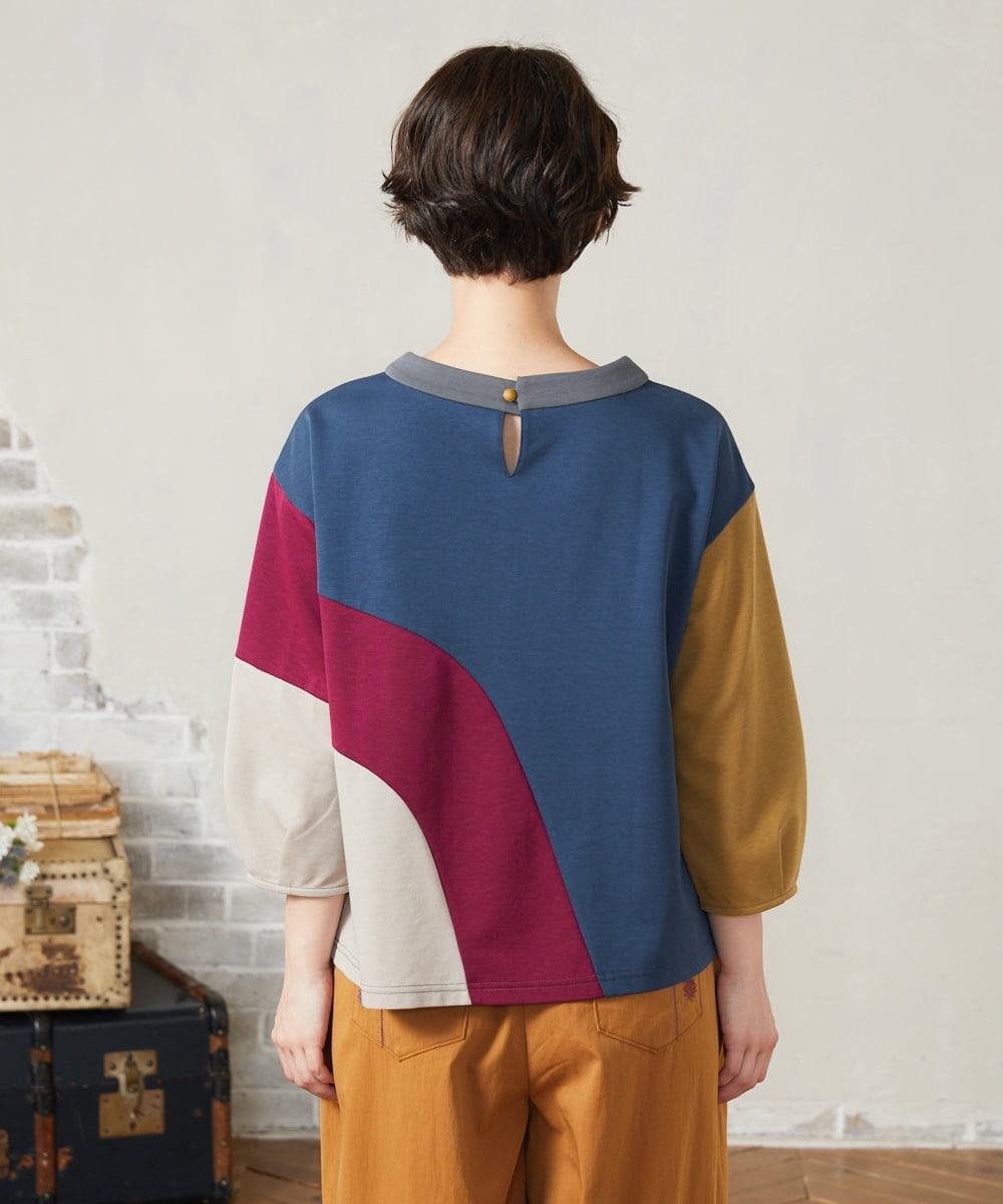 GJKJB36190 Jocomomola(ホコモモラ) 【早割10%OFF】パッチワーク切り替えカットソー ブルー