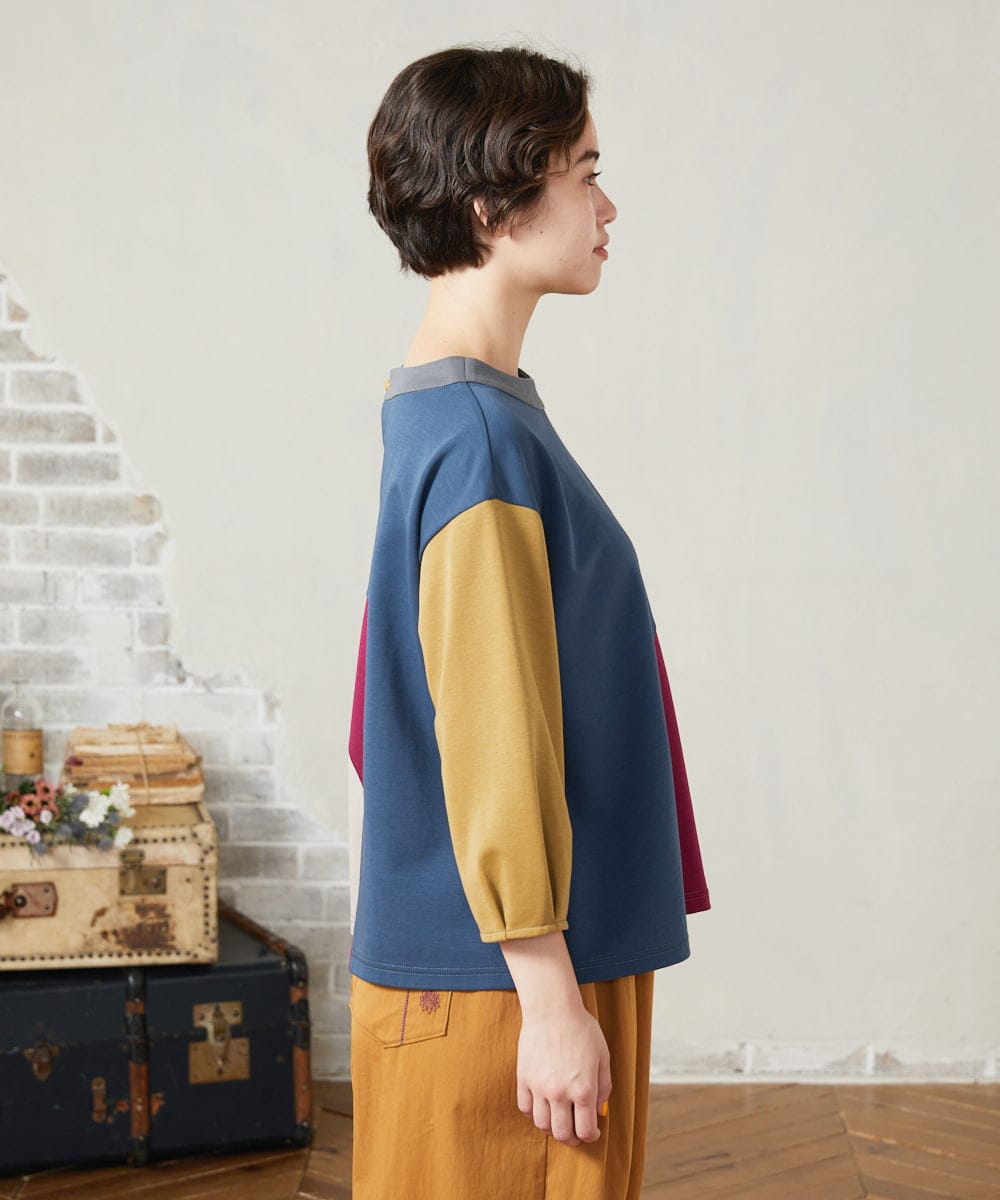 GJKJB36190 Jocomomola(ホコモモラ) 【早割10%OFF】パッチワーク切り替えカットソー ブルー