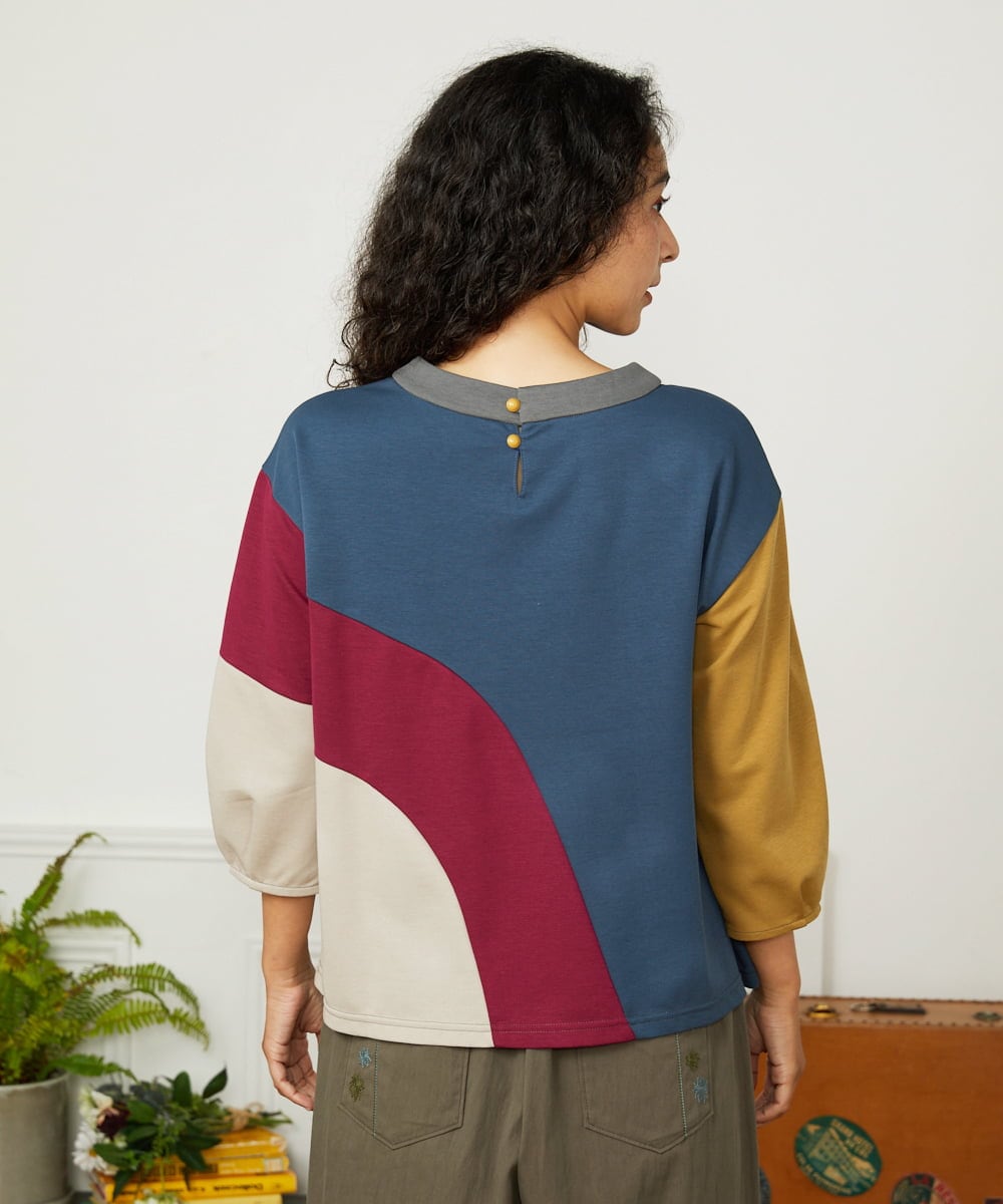 GJKJB36190 Jocomomola(ホコモモラ) Rompecabezas パッチワーク切り替えカットソー ブルー