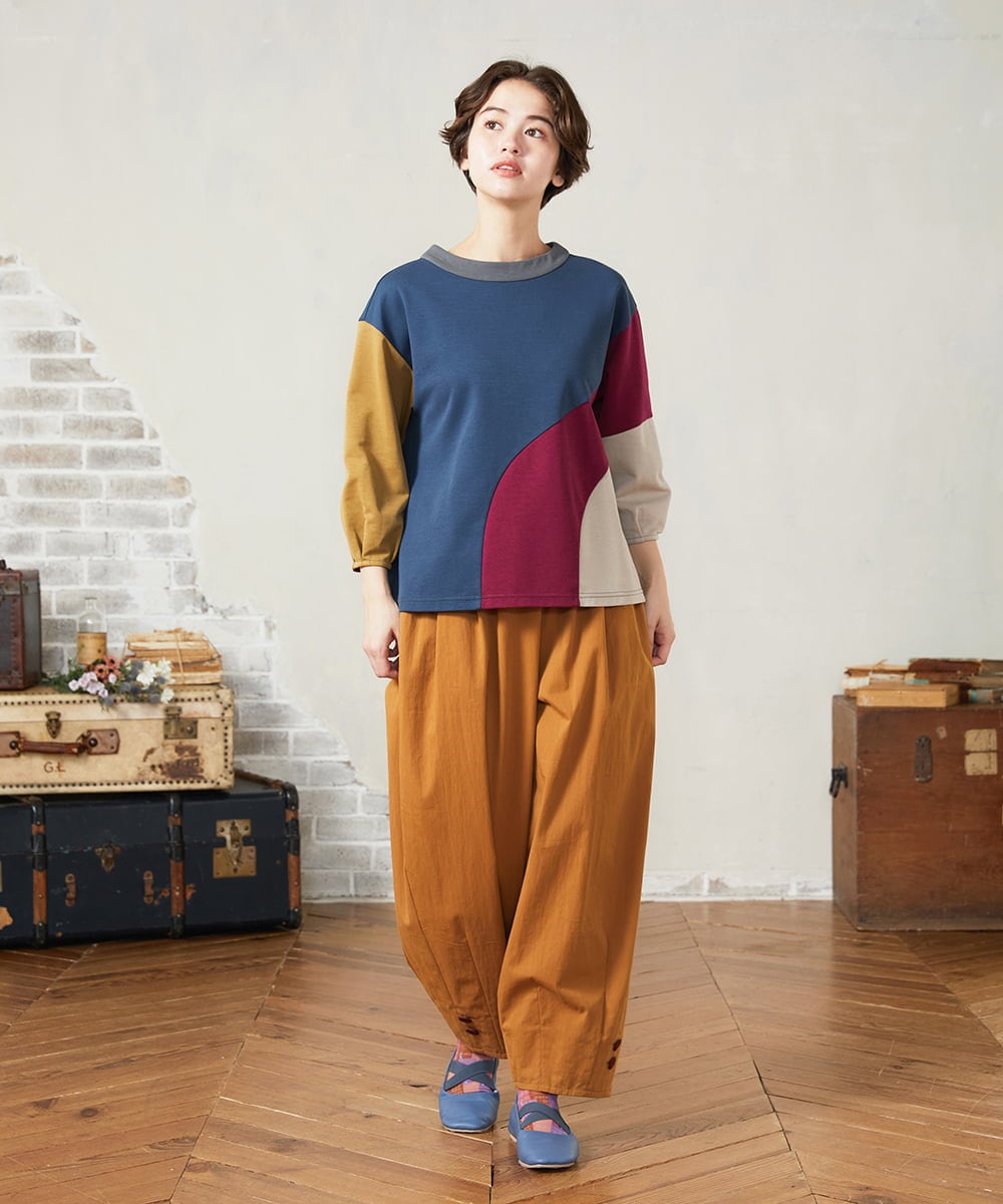 GJKJB36190 Jocomomola(ホコモモラ) 【早割10%OFF】パッチワーク切り替えカットソー ブルー