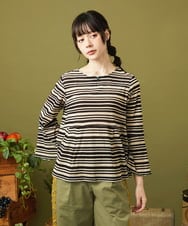 GJKJB37160 Jocomomola(ホコモモラ) アムンゼン ボーダーフレアカットソー ブラック×アイボリー